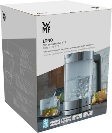 Електрочайник скляний WMF Lono 1,7 л, 3000 Вт, з фільтром від накипу, бездротовий, матова нержавіюча сталь