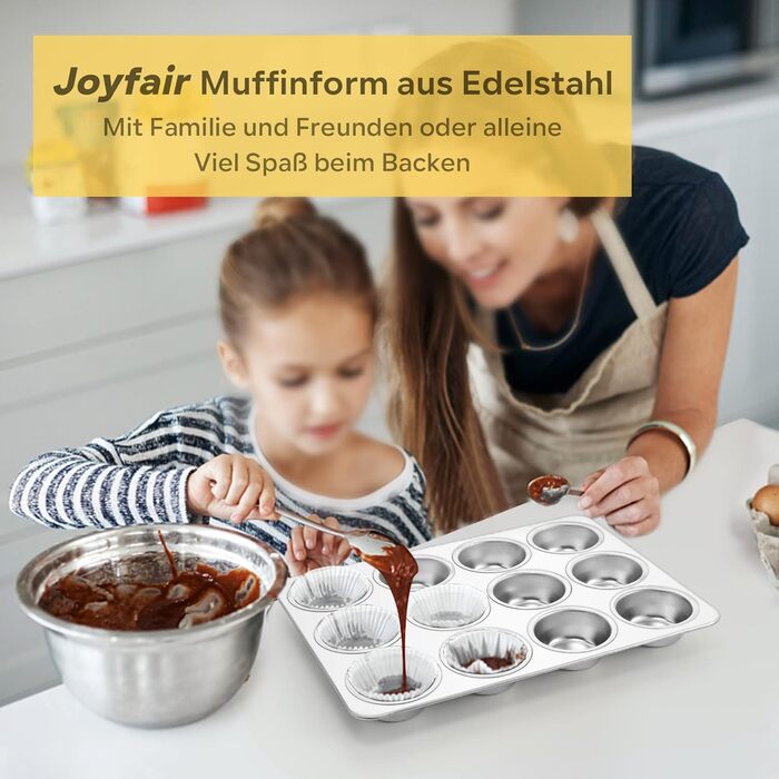 Форма для мафінів Joyfair з нержавіючої сталі на 12 мафінів, 35x27 см, для кексів, капкейків, брауні, пудингів і тістечок, безпечна, для духовки та посудомийки