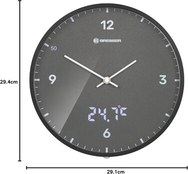 Стінастий годинник Bresser MyTime, 24 см, радіокерований, безшумний, з LED секундною індикацією, вимірюванням температури, сірий