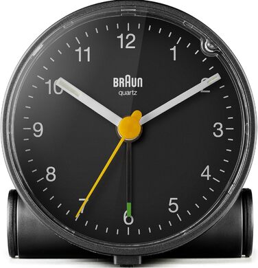 Braun класичний аналоговий будильник з підсвіткою та функцією дрімоти, безшумний кварцовий механізм, поступовий гучний сигнал, чорний, модель BC01B