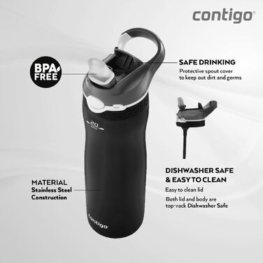 Термос-бутилка Contigo Ashland Chill з трубочкою, нержавіюча сталь, ізольована, не протікає, для спорту, велосипеда, туризму, 590 мл, чорна матова