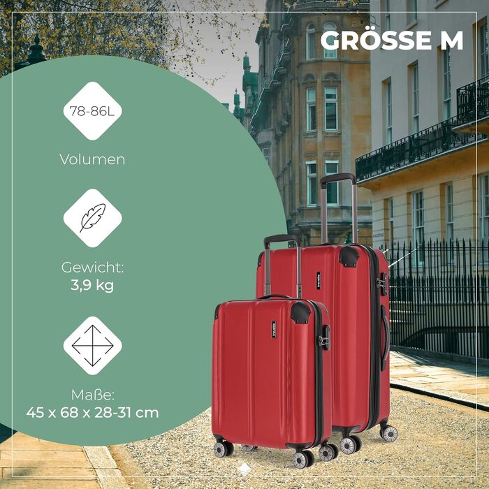 Дорожній валізний чемодан Travelite City 55 см, 40-45 л, жорсткий корпус, 4 колеса, для ручної поклажі, з розширенням і функцією насадки, червоний, захист від подряпин