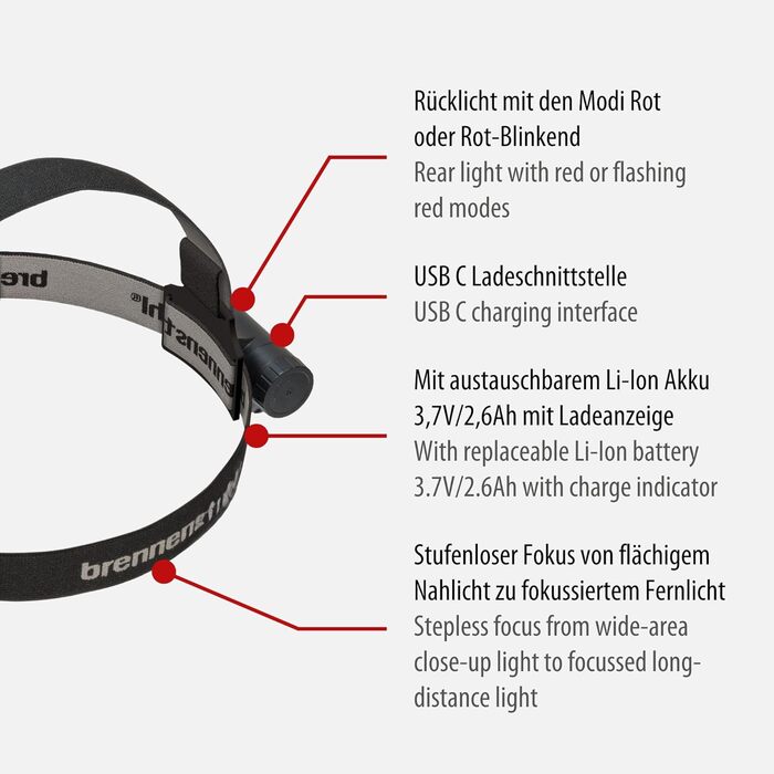 Налобний ліхтар Brennenstuhl LuxPremium LED акумуляторний із сенсором, USB C, червоне світло, захист IP44, OSRAM LED, 400 лм, до 50 годин роботи