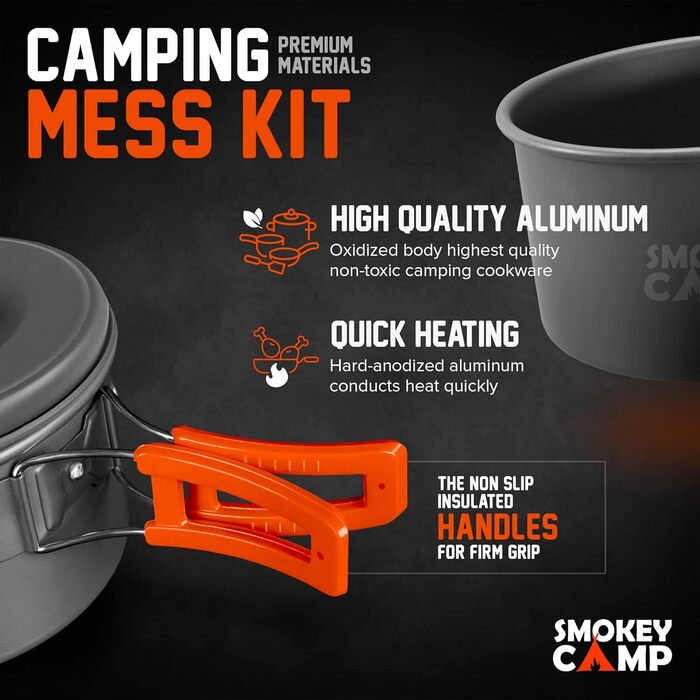 Кемпінговий набір посуду Smokey Camp для походів – компактний антипригарний туристичний набір для приготування їжі, універсальний комплект для кемпінгу, туризму, пікніка, відпочинку на природі