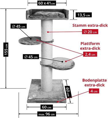 Дерево для великих котів JAMAXX Premium XXL 155 см, бежеве, товстий стовбур 20 см, міцна основа 4 см, м'який плюш, ігровий комплекс-когтеточка