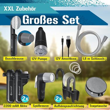 Портативний душ KESSER® з акумулятором, USB зарядка, 12В помпа, для кемпінгу, авто, саду, домашніх тварин, з сумкою
