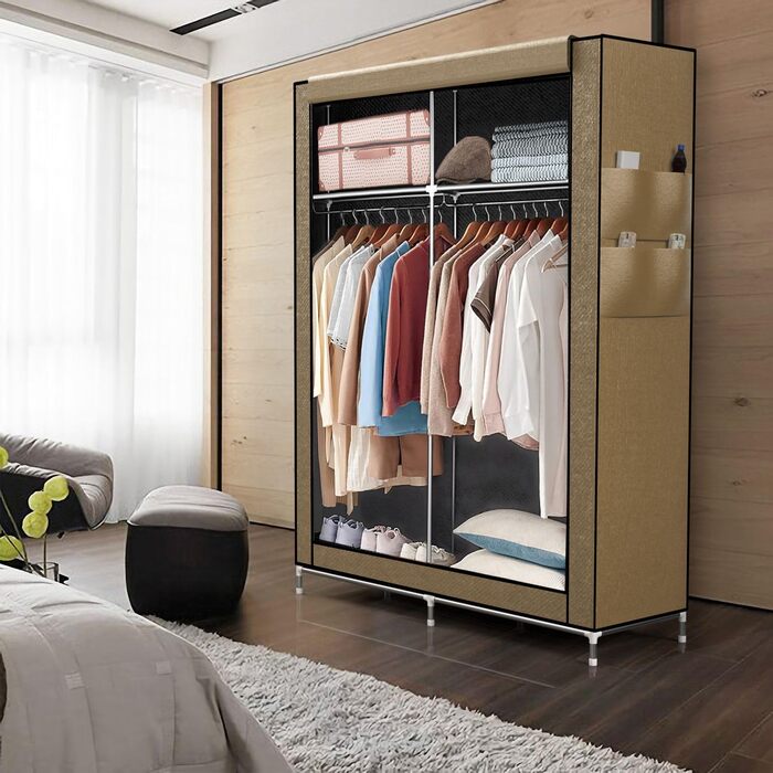 Тканинна шафа INTIRILIFE 108x170x45 см, кремово-бежева, з металевим каркасом, рейкою для одягу, кишенями та полицями, з блискавкою, для зберігання речей
