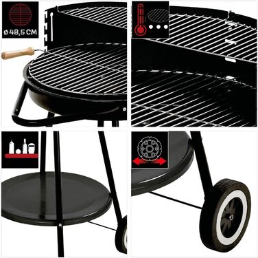Вугільний гриль GRILLCHEF Corso на колесах, емальована чаша, регульована хромована решітка 48,5 см, стіл, вітрозахист, чорний