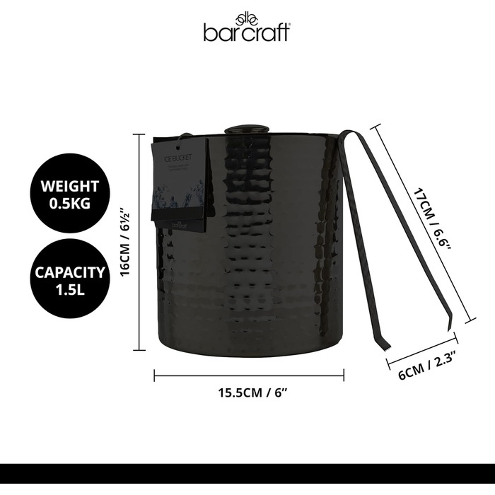 Відерце для льоду BarCraft з нержавіючої сталі з кришкою та щипцями, сріблясте, 1,5 л, молоткова текстура, 15,5x16 см