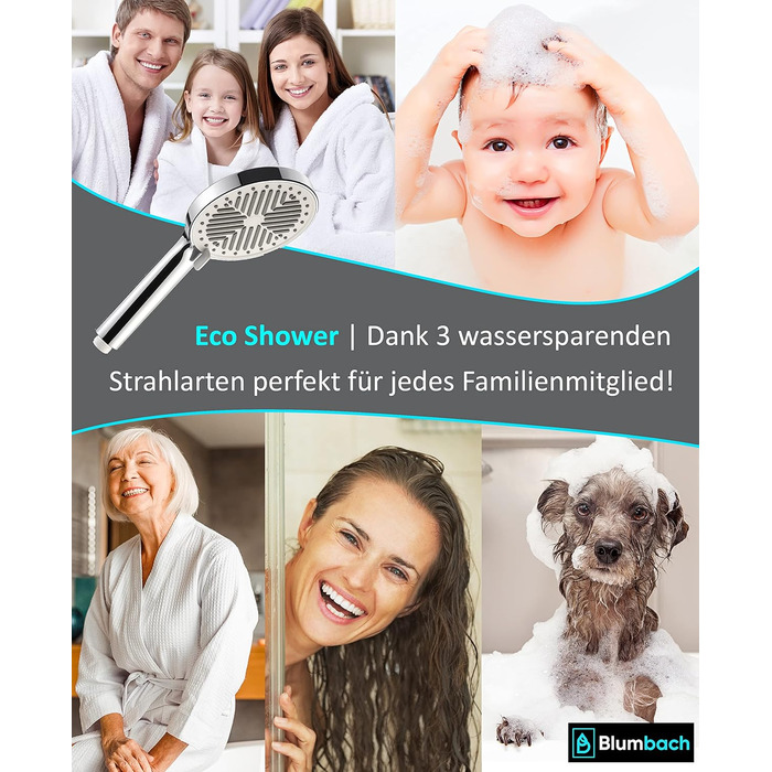 Душова лійка BLUMBACH Aqua Joy, водозберігаюча, високий тиск, 8 режимів, 6 л/хв, насадка для душу
