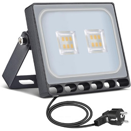 Світлодіодний прожектор papasbox 10W, IP65, тепле біле світло 3000K, зовнішній LED будівельний ліхтар із вилкою, для саду, гаража, готелю