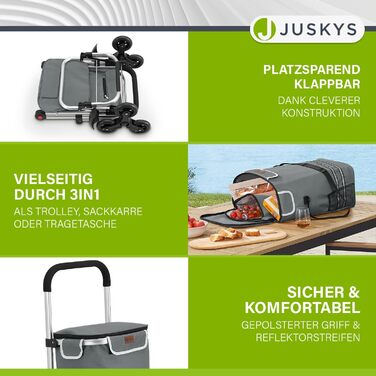 Сучасний 3-в-1 візок для покупок та сходів Juskys, 56 л, складаний, сіра господарська сумка-тележка