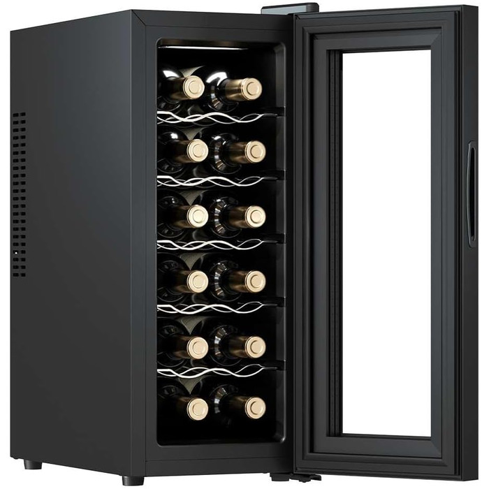Винний шафа Cecotec Bolero GrandSommelier 830 CoolWood, термоелектрична, тиха, енергоефективна, сенсорне керування, температура 8-18°C, для 12 пляшок, чорна