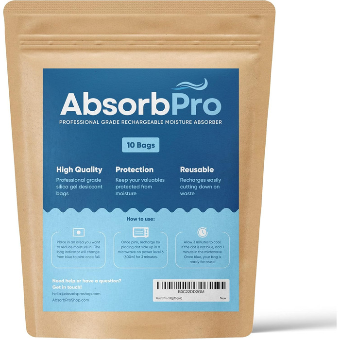 Absorb Pro Перезаряджаємий мішечок-осушувач повітря, 10 шт, 100 г, багаторазові абсорбери вологи з силікагелем для сміттєвих баків, сумок, сейфів для зброї, зберігання продуктів