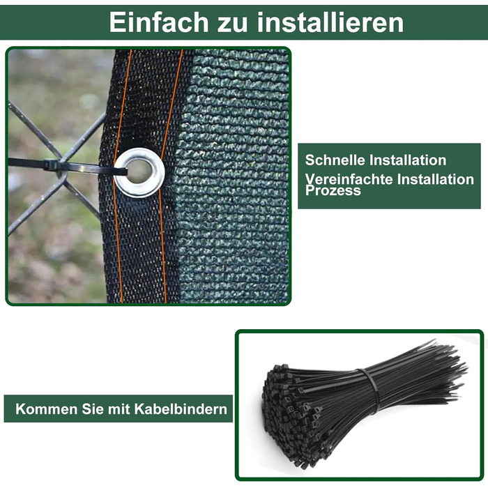 Захисна сітка BeGrit для паркану 2x5 м, зелена, HDPE, вітрозахисна, UV-захист, 90% затінення, з отворами та кабельними стяжками
