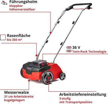 Акумуляторний аератор-скарифікатор Einhell GC-SC 36/31 Li-Solo Power X-Change, 36В, 31 см, 3-в-1, без акумулятора та зарядного пристрою