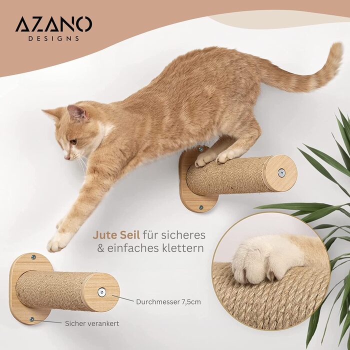 Стіна для лазіння котів AZANO з XL гамаком, драбинкою і спальним місцем, з натурального дерева, 3-в-1, з когтеточкою