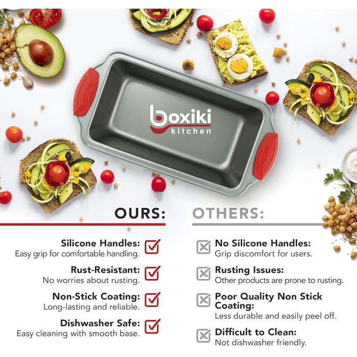 Форма для випікання кексів Boxiki Kitchen, антипригарна сталева, з силіконовими ручками, 21.5 x 11.5 см, для бананового хліба та кексів