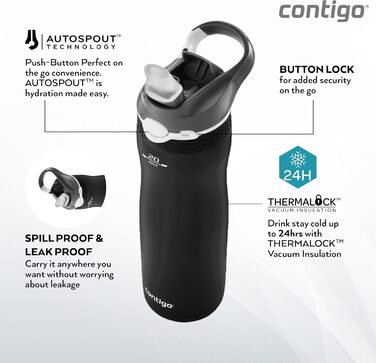 Термос-бутилка Contigo Ashland Chill з трубочкою, нержавіюча сталь, ізольована, не протікає, для спорту, велосипеда, туризму, 590 мл, чорна матова