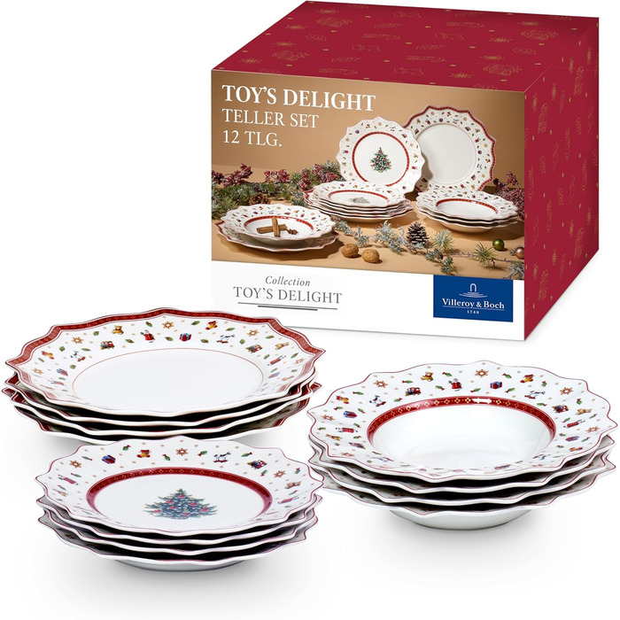 Набір новорічного посуду Villeroy & Boch Toy's Delight, 12 предметів, порцеляна, для 4 осіб (тарілки для основних страв, супу та сніданку)