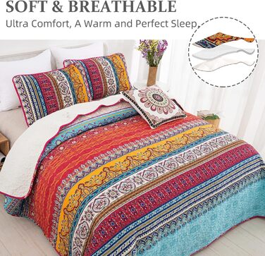 Покривало WONGS BEDDING Boho 220x240 см, мікрофібра, 3 предмети: стьобане покривало на двоспальне ліжко та 2 наволочки 50x70 см, для спальні або дивана (Богемний стиль)