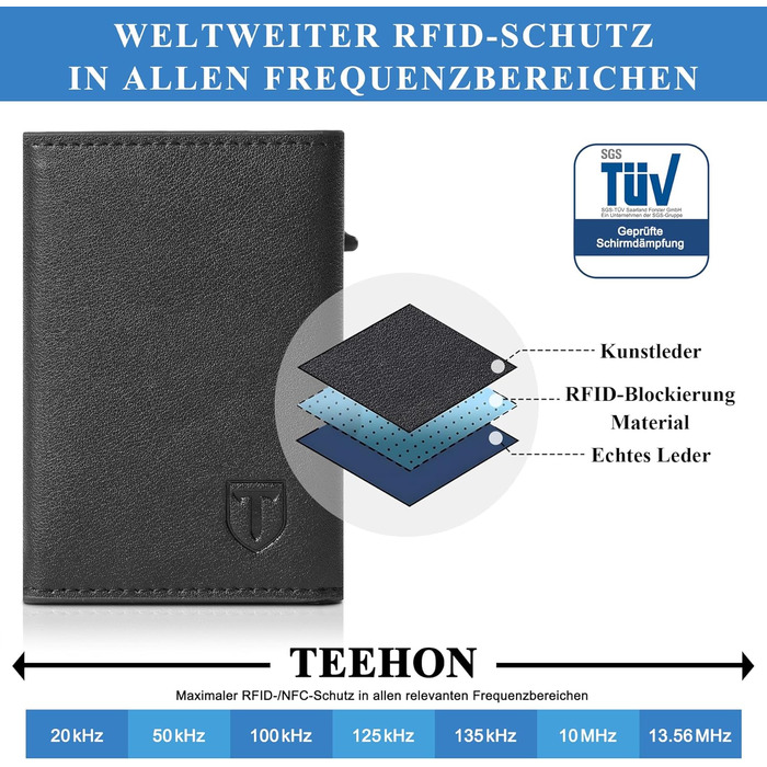Чоловічий гаманець TEEHON зі шкіри з RFID захистом, монетницею та магнітною застібкою, чорний портмоне-картхолдер