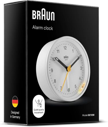 Braun класичний аналоговий будильник з підсвіткою і функцією відкладення дзвінка, безшумний кварцовий механізм, поступове збільшення гучності сигналу, білий, модель BC12W