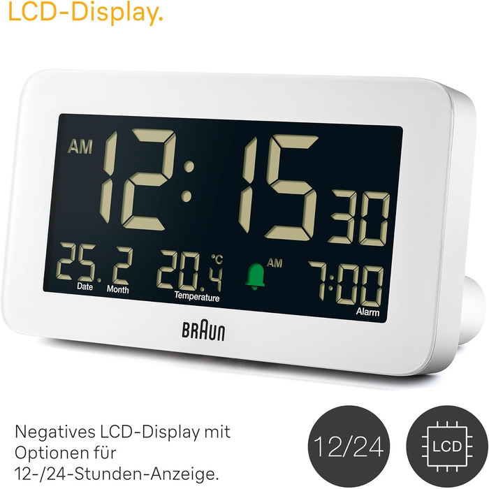 Цифровий годинник Braun BC10W з датою, місяцем і температурою, негативний LCD-дисплей, швидке налаштування та наростаючий сигнал, білий