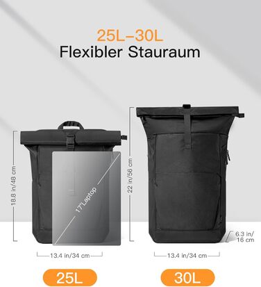 Рюкзак Inateck RollTop 25-30 л для чоловіків і жінок, з окремим відділенням для взуття, для ноутбука 17