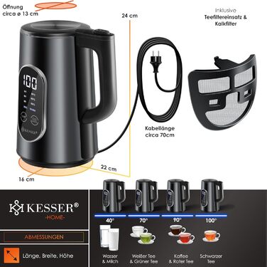 Електричний чайник KESSER 1.7 л, нержавіюча сталь, LED-дисплей, 4 температурні режими 40–100°C, підтримка тепла, 2200 Вт, BPA Free, фільтр від накипу, чорний