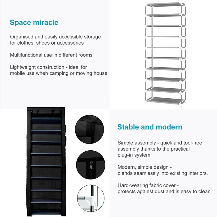 Тканинна шафа INTIRILIFE 170x58x28 см, чорна, з блискавкою, 9 полиць, для одягу та взуття, складана шафа для кемпінгу, текстильний гардероб