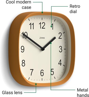 Квадратний ретро настінний годинник JONES CLOCKS Sprite з акрилу, м'ятний 25x25 см, жовтий