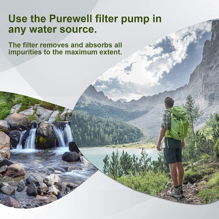 Портативний водяний фільтр Purewell для походів, знімний вугільний картридж 0,01 мікрон, 4 ступені очищення, для кемпінгу, туризму, виживання