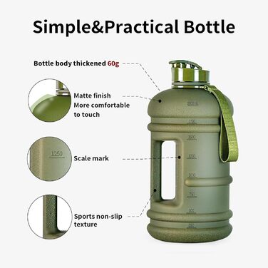Спортивна пляшка для води TOOFEEL 2,2 л, BPA Free, багаторазова, з мірною шкалою, матова оливкова, для спортзалу