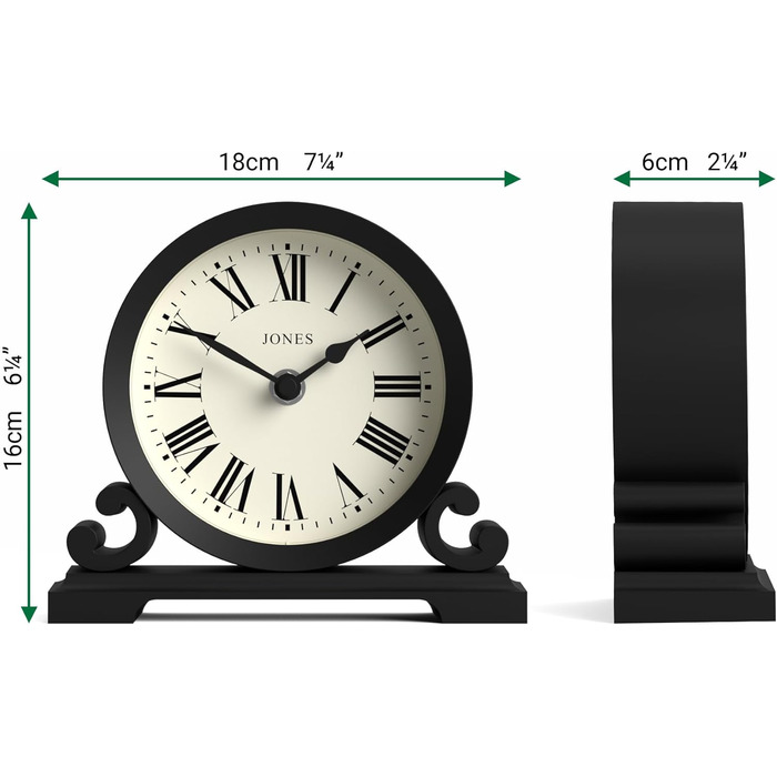 Декоративний настільний годинник JONES CLOCKS Saloon, класичний стиль, чорний, римські цифри, подвійний сувій, для письмового столу, полиці чи тумбочки