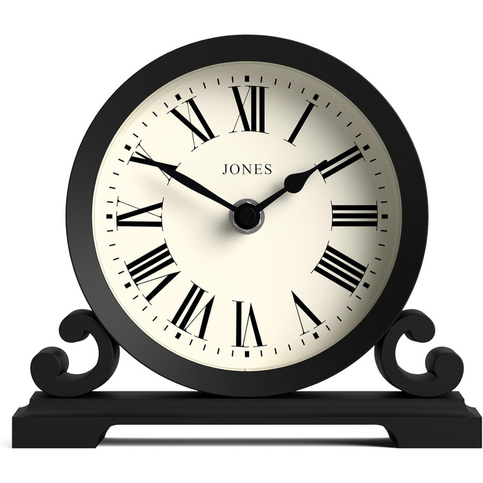 Декоративний настільний годинник JONES CLOCKS Saloon, класичний стиль, чорний, римські цифри, подвійний сувій, для письмового столу, полиці чи тумбочки