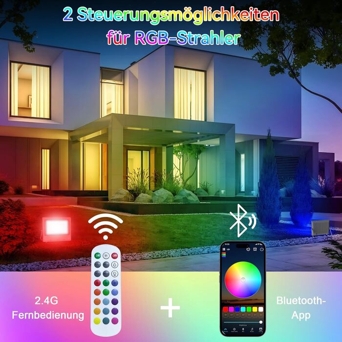 Комплект з 2 RGB LED прожекторів 30W для вулиці, 16 млн кольорів, Bluetooth APP та 2.4G пульт, IP66, диммований, для саду, Хелловіну, Різдва, вечірок (загальна потужність 150W)