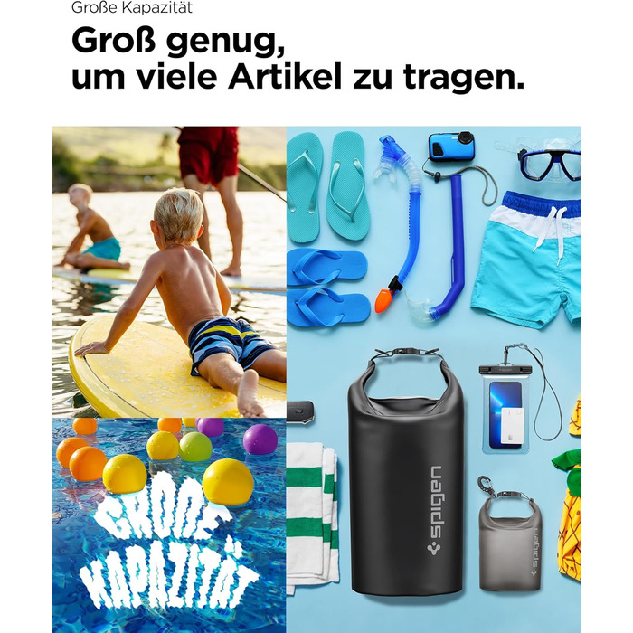 Водонепроникний набір сумок Spigen Aqua Shield 20L+2L для пляжу, плавання, кемпінгу, човна, каяка, чорний