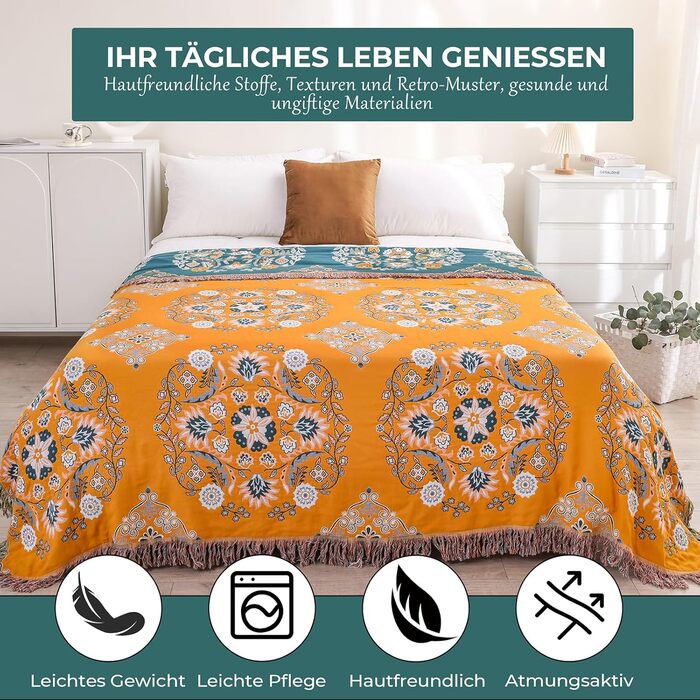 Покривало HOORDRY Boho для ліжка та дивана, бавовняна двостороння ковдра 150×200 см з китицями, жовто-зелене, для спальні та вітальні
