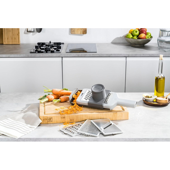 Терка кухонна ZWILLING Z-Cut, багатофункціональна, нержавіюча сталь, 4 змінні насадки, двостороннє натирання, з лотком, сіра