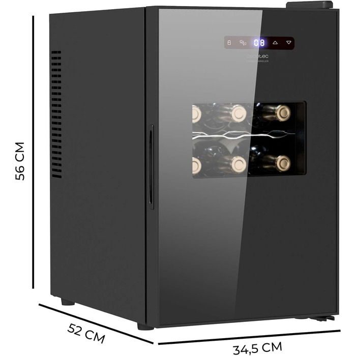 Винний шафа Cecotec Bolero GrandSommelier 830 CoolWood, термоелектрична, тиха, для 15 пляшок, регульована температура 8-18°C, сенсорне керування, енергоощадна, чорна
