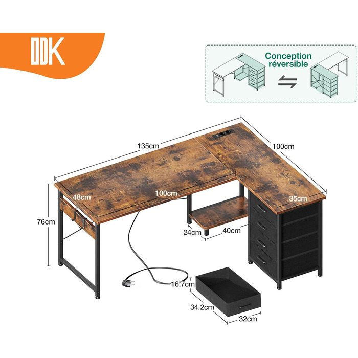 Письмовий стіл ODK L-Desk з шухлядами та USB, 135100 см, вінтаж