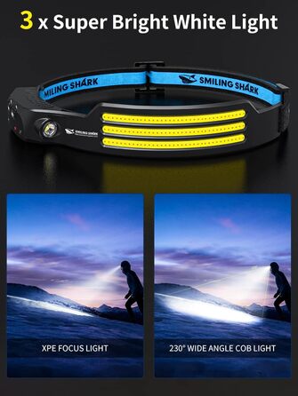 Лобовий ліхтар Smiling Shark, 230° широкий кут, 3 LED, біле світло, 2 шт., надяскравий, водонепроникний, акумуляторний для бігу, кемпінгу
