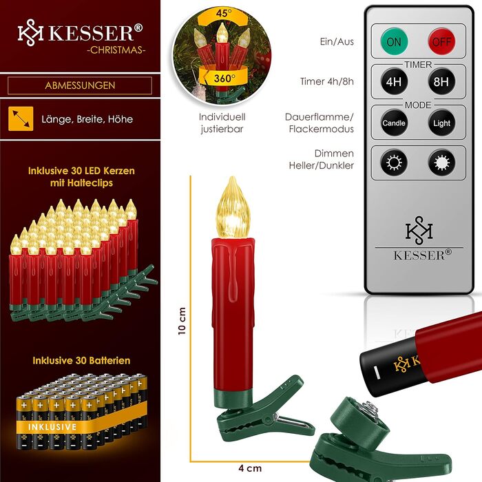 KESSER LED ялинкові свічки 30 шт., бездротові, різнокольорові, з пультом, таймером, мерехтінням, димміровані, з батарейками, кріплення, червоні