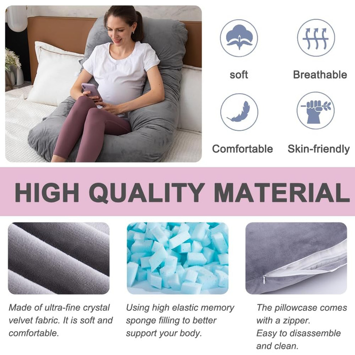 Подушка для вагітних TaiBest U-подібна, з подрібненого Memory Foam, для сну, підтримка живота, сіра