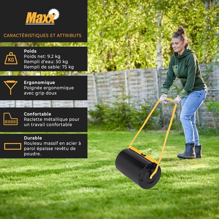 Каткова для газону MaxxGarden, наповнювана піском або водою, 50 л, 50×32 см, для вирівнювання ґрунту та насіння, чорна/жовта