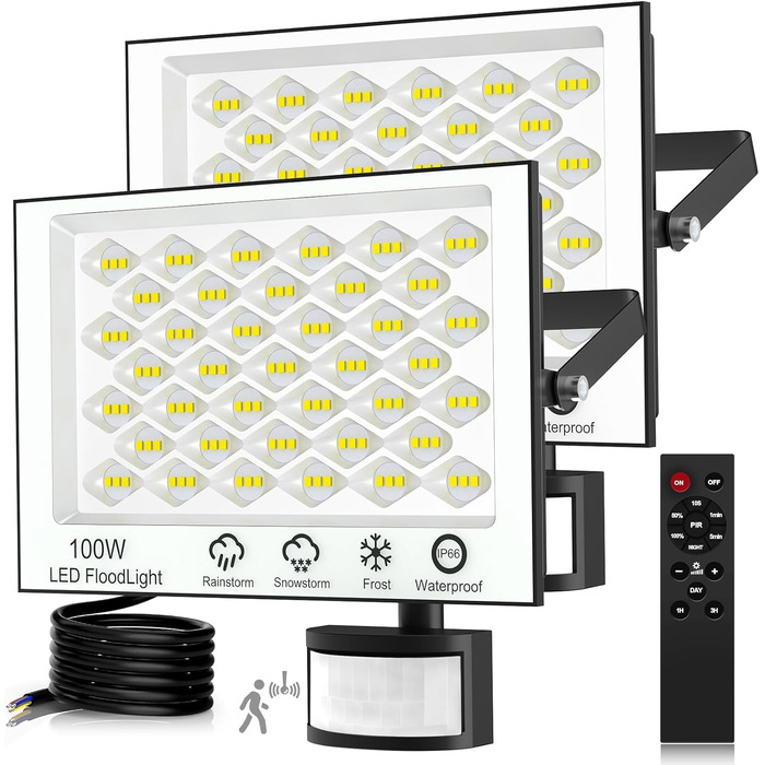 LED прожектор Viugreum 100Вт з датчиком руху, 20000лм, IP66, 6500K, холодне біле світло, водонепроникний, для вулиці, комплект 2 шт.