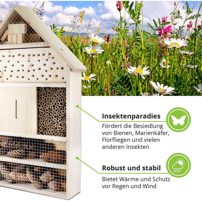 Інсектотель GARTENETAGE XXL – масивний будиночок для комах та бджіл, натуральне дерево, готель для комах з опорами, будиночок для сонечок і метеликів, допомога у гніздуванні та захист видів