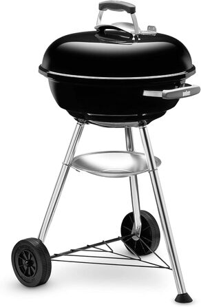 Вугільний гриль Weber Compact Kettle 47 см, порцелянове покриття, на тринозі з колесами, хромована решітка, чорний