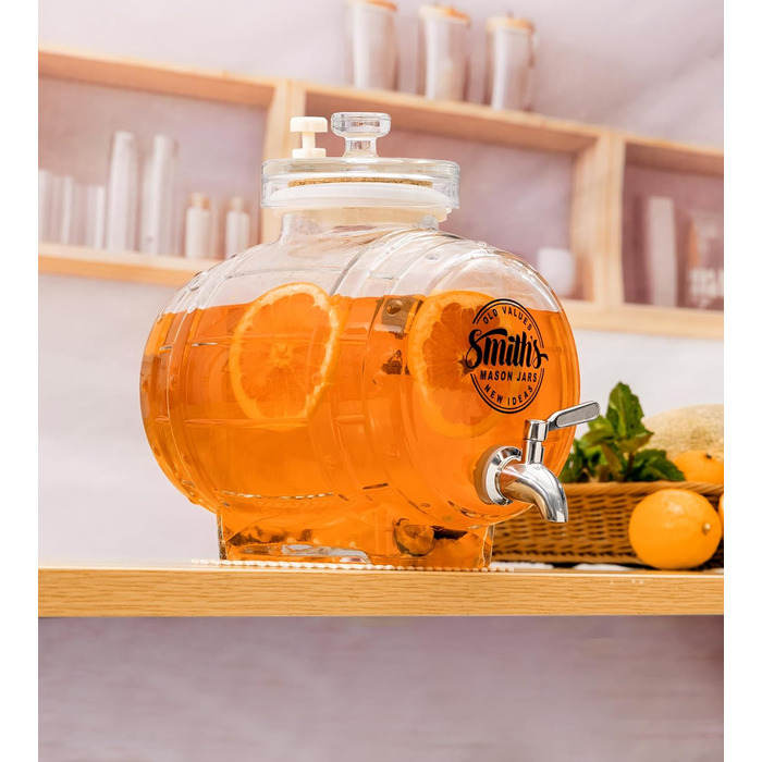 Диспенсер для води Smiths Mason Jars 5 л зі сталевим краном і скляною кришкою — для холодильника, для напоїв, інфузованої води та соків, металевий кран, компактний дизайн